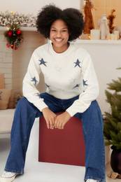 Ecru Christmas Themed Crop Soft Textured Knit Sweater