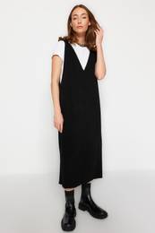 Black Maxi Knitwear V-Neck Gilet Dress