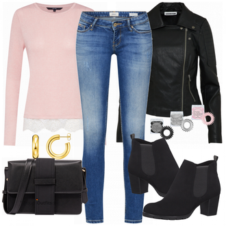 Outfit mit Schwarz/Dunkelgrün Mantel/Bikerjacke/KunstLederjacke/Lederjacke/Motorradjacke Noisy may "ONLY Jeans Onlcoral"
