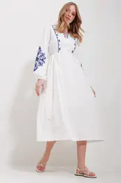 Trend Alaat Stili Women's White V-Neck Inner Lined Linen Embroidery Midi Length Dress