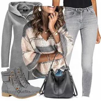 Wasserfall-Ausschnitt Outfit mit Grau/Dunkelgrau/Hellgrau Wintermantel Wollmantel/Softshell Mantel/Schmal Geschnittener Mantel/Mantel mit Reißverschluss/Wollfleece Mantel/Fleecemantel/Scuba-Mantel/Strickfleece Mantel Only "Schickes Herbst Outfit"