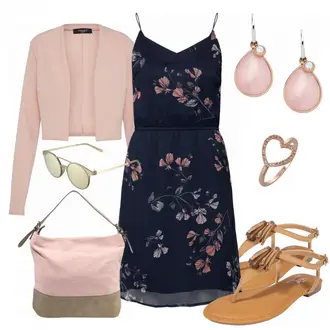 Outfit mit Dunkelblau/Rosa/Lila Geblümte Kleid/Bedrucktes Kleid/TrägerKleid/A-Linien Kleid/Kleid Standesamt-gast/WickelKleid/Spaghettiträger Kleid VERO MODA "Happy"