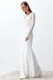 Bridal White Fitted Woven Lace Wedding/Nupture Long Evening Evening Dress