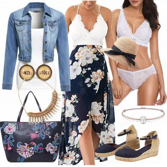 Edel Outfit mit Rosa/Dunkelblau Kleid mit Schlitz/2-in-1 Kleid/Lässiges Kleid/MaxiKleid/StrandKleid/Langes SommerKleid/Geblümte Kleid Blooming Jelly "Toller Look für den Frühling"Look: Edel, Casual, Boho, Elegant, Ausgefallene, Smart Casual, Festlich