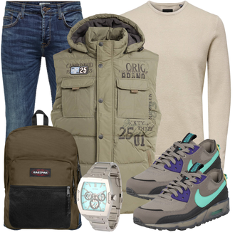 Outfit mit Blau/Hellblau/Dunkelblau Slim Fit Jeans/Herren Lederjacke/Tapered-Jeans/Biker Jeans/Winterjacke/Lederjacke/Leder Schuhe/Low Rise Jean/ThermoJeans/Jeans mit Schlitz/Low Waist Jean/Vintage Jeans Only & Sons "Freizeit Outfit"