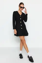Black Flounce Button Podrobna tkana obleka Tweed