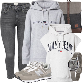Outfit mit Grau/Schwarz Sport Hoodie/Hoodie/Ausgefallener Hoodie/Vintage Hoodie Tommy Hilfiger "Winter Outfit"