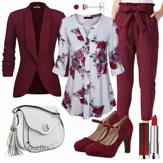 Lang Outfit mit Rot/DunkelRot/Bordeaux Strick­blazer/Lederjacke/Blazerjacke/Longblazer/Lässiger Blazer/Blusenblazer/Eleganter Blazer Unibelle "VAFOLY Bluse"