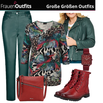 Outfit mit Rot/Dunkelrot Schnürstiefelette/Springerstiefel/Klassischer Stiefel/Biker Boot/Flache Stiefelette/Gefütterte Stiefelette/Lederjacke Dockers by Gerli "Praktische Große Größen Outfits"