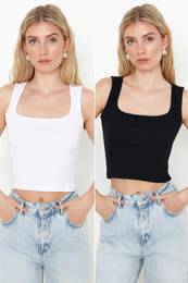 Black & White 2-Pack Fitted Ribbed Elastic Knitted Blouse