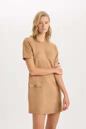 A-Line Round Neck Scuba Diver Fabric Short Sleeve Mini Dress
