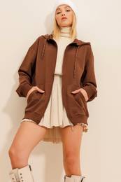 Trend Alaat Stili Women's Coffee Hooded Double Pocket Zipper Oversize Sweatshirt