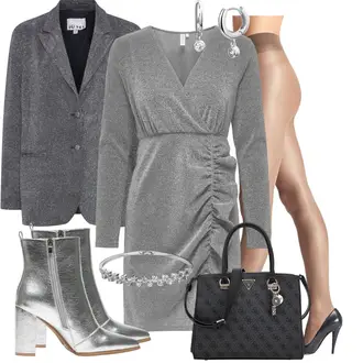 Outfit met Donkergrijs/grijs/Donkerblauw/Lichtblauw Gebreide kleding/Leren Jas/Boucle Blazer/Gebreide Blazer/Boyfriend Blazer Ichi "Outfit voor de winter"