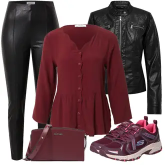 Button Down Outfit mit Rot/DunkelRot/Bordeaux/Lila Bluse und Tunika Tunika/3/4 Bluse/Bluse Mit Knopf/Bluse Oberteil/Lederjacke/Schößchen­bluse/Plissee Bluse/Tuniken-Shirt About You "Farbliches Frühlingsoutfit"