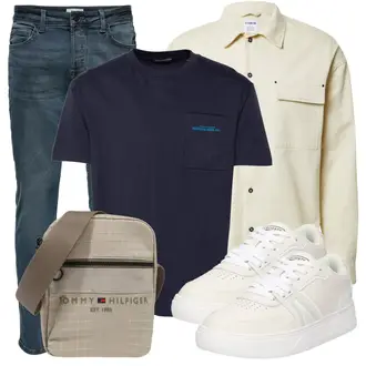 Outfit mit Khaki/Beige/Weiß Musselin Hemd/Casual Hemd/Hemdbluse/Business Hemd/Jeanshemd about you x benny cristo "Frühlingsoutfit"