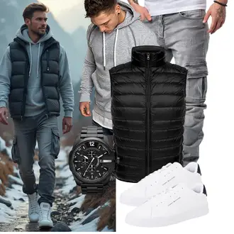 Outfit mit Schwarz/Grau Kurze Weste/Kunstfaserweste/Funktionsweste/Steppweste/Isolationsweste/Puffer Weste Pengniao "Freizeit Outfit"