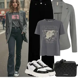 Streetwear Outfit mit Creme/Weiß/Schwarz Leder Sneaker/Chunky Sneaker/Sneaker Low/Plateau-Sneaker/Schmaler Sneaker/Vintage Sneaker Apple of Eden "Frühling outfit"Look: Color Blocking, Esthetische, Lack, Retro, Sportlich, Streetwear, Trendige, Unisex, Coole, Steampunk, Techno