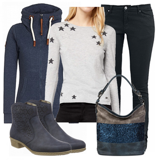 Date Winter Outfit mit Dunkelblau/Dunkelgrau/Grau Push up Jeans/Low Waist Jean/Winterjacke/SweatJeans/Lederjacke/Slim Fit Jeans/ThermoJeans/Low Rise Jean/Leder Schuhe/Jeans mit Schlitz Red by EMP "AmazonLook"Look: Wasen, Date, Pop Konzert, Schule