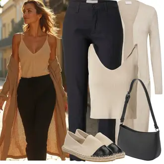 viskóza Outfit sa Bež/Kaki/Smeđa Pletivo Veći Broj Vila, Crna/Tamnoplava/Kaki/Tamnosiva Hlača Velika Veličina Freequent, Bež/Kaki/Smeđa Majica I Top Veći Broj/Pletivo Veći Broj about you x toni garrn "Jarní outfit"