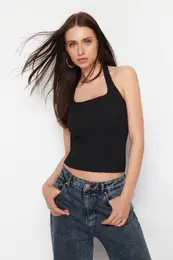 Black Fitted/Fitted Stretch Knitted Blouse