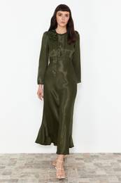 Khaki Rose Detailed Special Occasion Woven Satin Evening Dress
