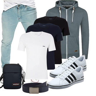 Outfit mit Grau/Blau/DunkelBlau KapuzenPullover/Unisex Hoodie/Strick Hoodie/Hoodie/Ausgefallener Hoodie/Sweatjacke/Sport Hoodie Riverso "Cooles Outfit"