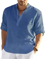 PADOLA Herren Freizeithemden Leinenhemd Herren Langarm Baumwolle Sommerhemd Einfarbiges Leinenhemd Regular Fit Henley Shirt Casual Top (Blau, M)