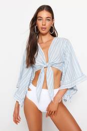 Striped Woven Tie Crop Beach Blouse