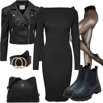 Outfit sa Crna/Tamnoplava Chelsea Gležnjača/Gumena Gležnjača/Kožna Jakna Edited "Tvoj otmjeni outfit"