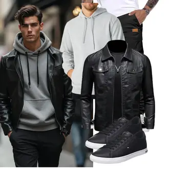 Patches Outfit mit Schwarz/Grau/Creme Bikerjacke/Leder Bomberjacke/KunstLederjacke ZFBAOJT "Freizeit Outfit"