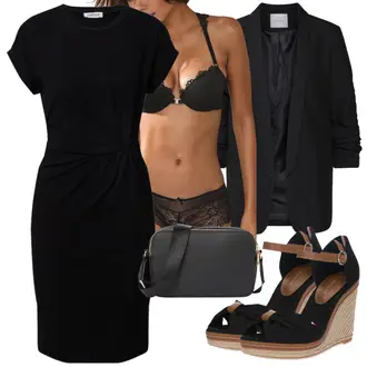 Outfit s Černá Žerzejové Šaty/Šaty S Rovným Střihem/Business Šaty/Pouzdrové Šaty/Pouzdrová Šat/Šaty po kolenu/Úzké Šaty/Občanské šaty/Tričkové šaty/Kancelářské šaty/Šaty s Páskem Edited "Vzhledy pro volný čas"
