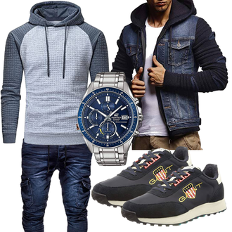 Outfit mit Grau/DunkelBlau/Blau KapuzenPullover/KapuzenPullover/Sport Sweatshirt/Ausgefallener Hoodie/Sport Hoodie/Strick Hoodie YuKaiChen "Freizeit Outfit"