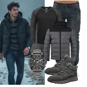 Schick Outfit mit Grau/Schwarz Windbreaker Jacke Indicode "Freizeit Outfit"Look: Empire, Schick, Indoor