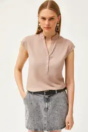 Women's Mink V-Neck 4-Button Viscose Blouse
