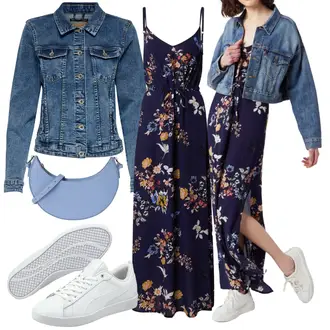 Festlich Outfit mit DunkelBlau/Blau Langes Sommerkleid/Maxikleid/Bedrucktes Kleid About You "Frühlings Outfit"Look: Rap, Rad, Festlich, Elegant, Hippie, Jazz, Mom, Old Money, Overdressed, Romantisch, Uni
