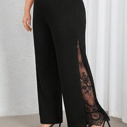 Elegant Women's High-waist Wide-leg Pants With Lace Detail - Stretchy, Machine Washable, Solid