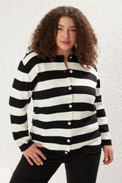 Curve Ecru Striped Crew Neck Knitwear Cardigan