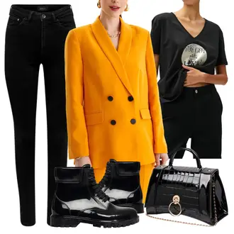 Outfit mit Schwarz Lederjacke/Klassischer Stiefel/Springerstiefel/Schnürstiefelette/Schnürschuh DeFacto "Business Casual Damen Outfits"