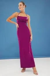 Plum Bodycon Floral Applique Woven Maxi Evening Dress
