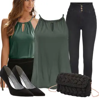 Outfit mit Braun/Grün/Dunkelgrün/Türkis Strandtop/Neckholder Tankini/Tankini-Top/High-Neck-Bikinitop/Neckholder Tankini Lascana "Modischer Sommer Look"