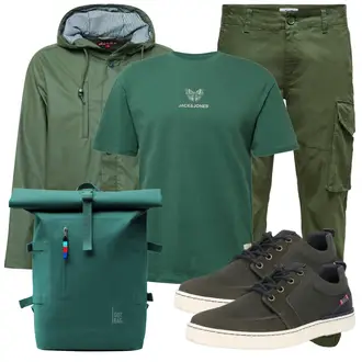 Outfit mit DunkelGrün/Grün 2in1 Jacke/Bundeswehr Parka/Funktionsjacke/Parka-übergangsjacke/Regenjacke/Ripstopjacke/Nachhaltige Jacke/Trekkingjacke/Wachsjacke Derbe "Cool für die Freizeit"