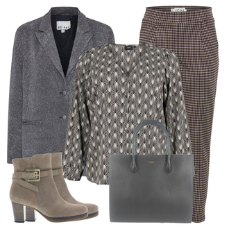 Outfit met Donkergrijs/grijs/Donkerblauw/Lichtblauw Gebreide kleding/Leren Jas/Boucle Blazer/Gebreide Blazer/Boyfriend Blazer Ichi "Mooie winter look"