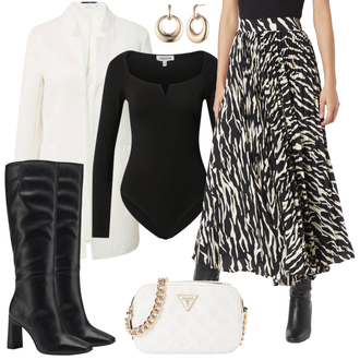 Cowgirl Outfit mit Schwarz/Weiß Stiefel Mit Reißverschluss/Langer Stiefel/Kniehoher Stiefel/Leder Overknee Stiefel/Spitzer Stiefel/High Heels Stiefel/WeitschaftStiefel Tamaris "Elegantes Winter Outfit"Look: 20er Jahre, Uni, Premium, Cowgirl, Classic