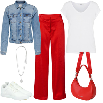 Outfit mit Weiß/Creme Leder Sneaker/Sneaker Low/Skateschuh/Schmaler Sneaker/Trainingsschuh/Golfschuh/Gymnastikschuh/Basketballschuh/Zumba-Schuh/Hallenfußballschuh/Tennisschuh/Handballschuh Glücksstern "Cherry Freizeitlook"