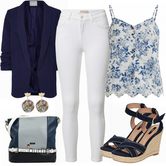 ohne Verschluss Outfit mit Dunkelblau 3/4 Bluse/Bluse Oberteil/Bluse mit Stehkragen/Bluse Mit Schleife/Business Bluse/Elegante Bluse/Lederjacke/Longbluse/Langarmbluse/Tunika Pieces "Schönes Frühlings Outfit"