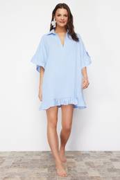 Blue Mini Woven Ruffle Beach Dress