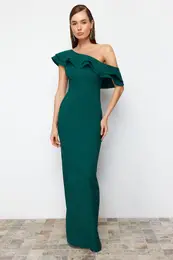 Emerald Green Flounce Detailed Woven Elegant Evening Dress