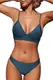 CUPSHE Damen Bikini Set Triangel Breites Unterbrustband Gerippte Bademode Zweiteiliger Badeanzug Blau M