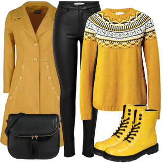 Outfit mit Gelb/Braun Strickjacke Tracht/Strickjacke Gefüttert/Rundhals-Strickjacke/Stehkragen-Strickjacke/Vintage Strickjacke/Winter Strickjacke/Wolle Strickjacke/Norweger Pullover/Norweger Pullover Thought "Leichtes Outfit"