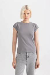 Slim Fit Crew Neck Ribbon Basic Short Sleeve T-Shirt